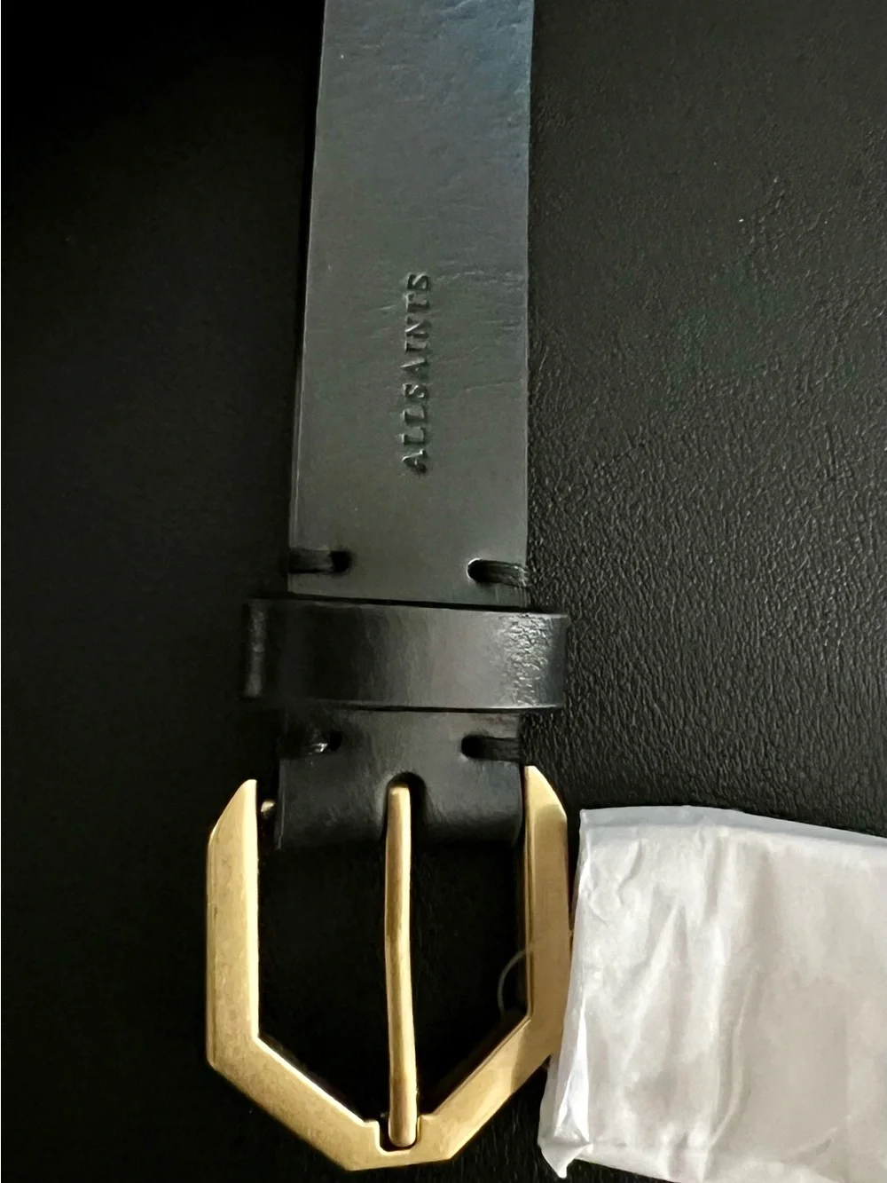 ALLSAINTS Braided Black Leather Belt and Antique Brass Hexagonal Buckle